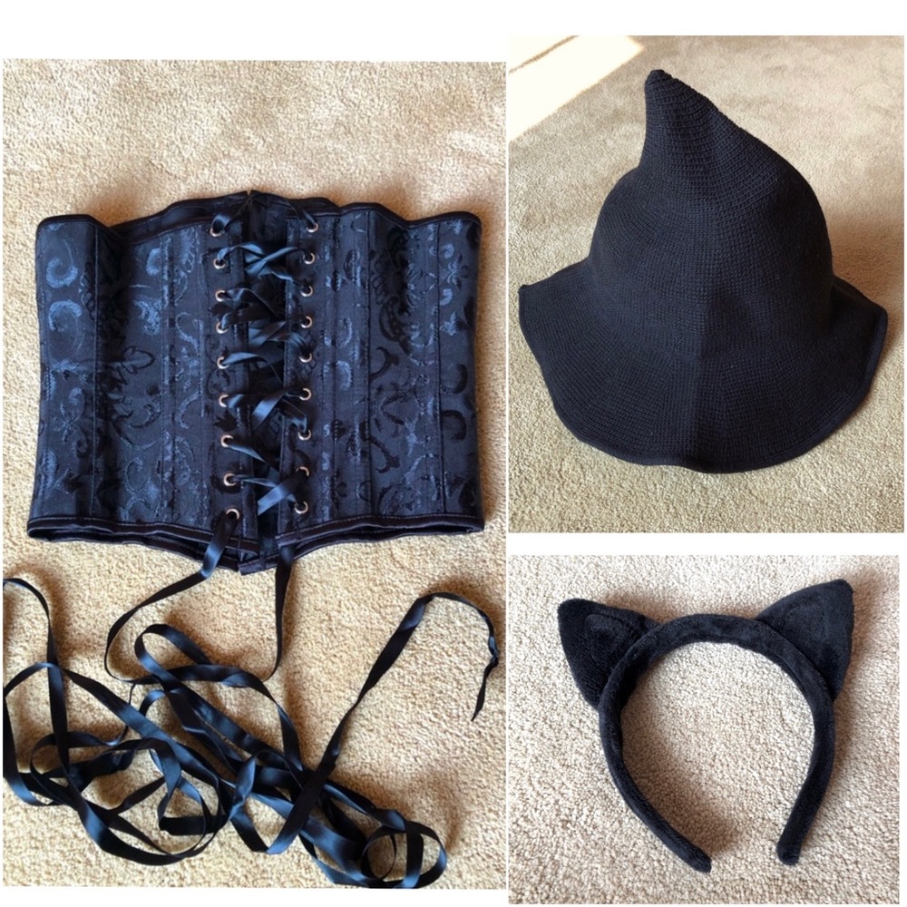 Black Corset, Witch Hat, & Cat Ears